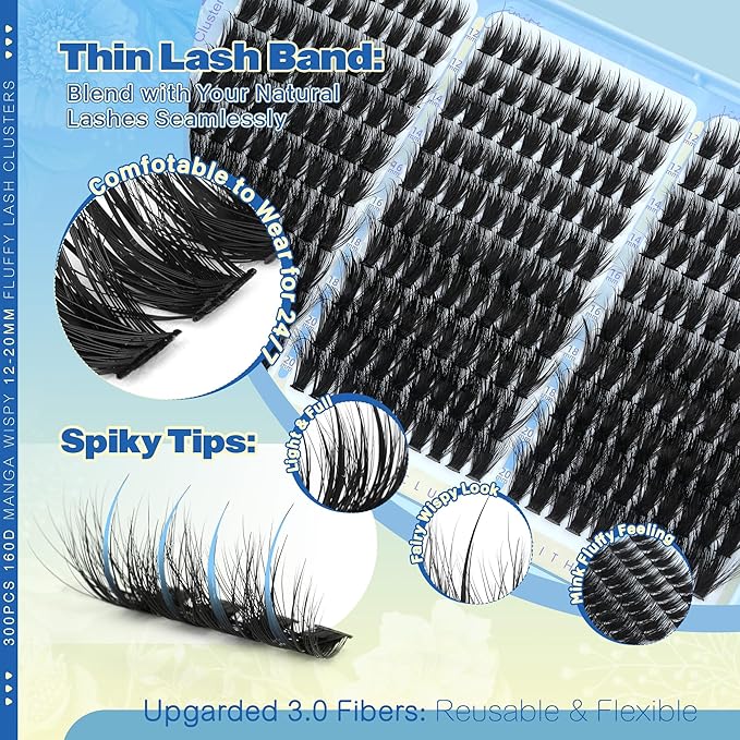 Lash Clusters Kit Manga Eyelash Clusters 300Pcs Wispy Lash Extension Kit with Bond and Seal Lash Glue 12-20MM D Curly Natural Lashes Clusters with Spikes by JIMIRE
