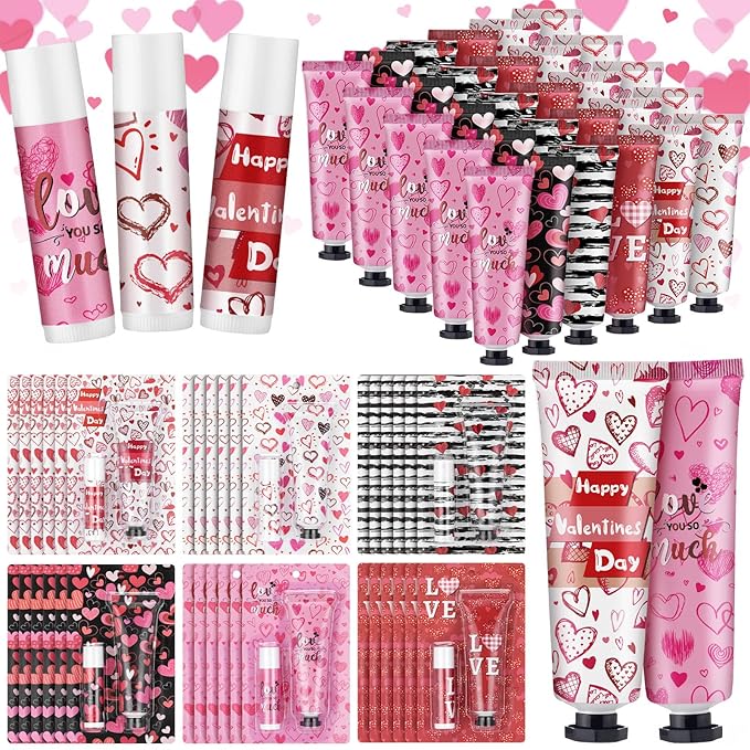 Loopeer 36 Sets Valentine's Day Hand Cream Lip Balm Bulk Gifts Galentine's Day Gift Valentine Party Favor Love Heart Mini Travel Size Moisturizing Hand Lotion for Women Coworker Teacher Nurse, 30 ml