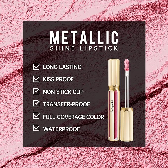 Depuplum light Pink Lipsticks for Women Metallic Lipstick Long Lasting Non Stick Cup Lip Gloss, Shimmer Lightweight Hydrating Full Coverage Lip Color, DP114 Daytime
