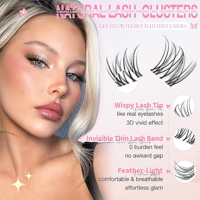 Wtvane Lash Clusters Kit Natural Cluster Eyelash Extensions Kit DIY Lash Extensions with 5-6mm Bottom Lashes 8-16mm Wispy Individual Lashes Invisible Band Lashes Venus False Eyelashes Clusters Kit