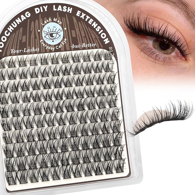 TOOCHUNAG Lash Clusters Natural Wispy Eyelash Clusters C Curly DIY Eyelashes Extensions 10-16MM Pestañas Postizas Naturales Thin Band Individual Cluster Lashes