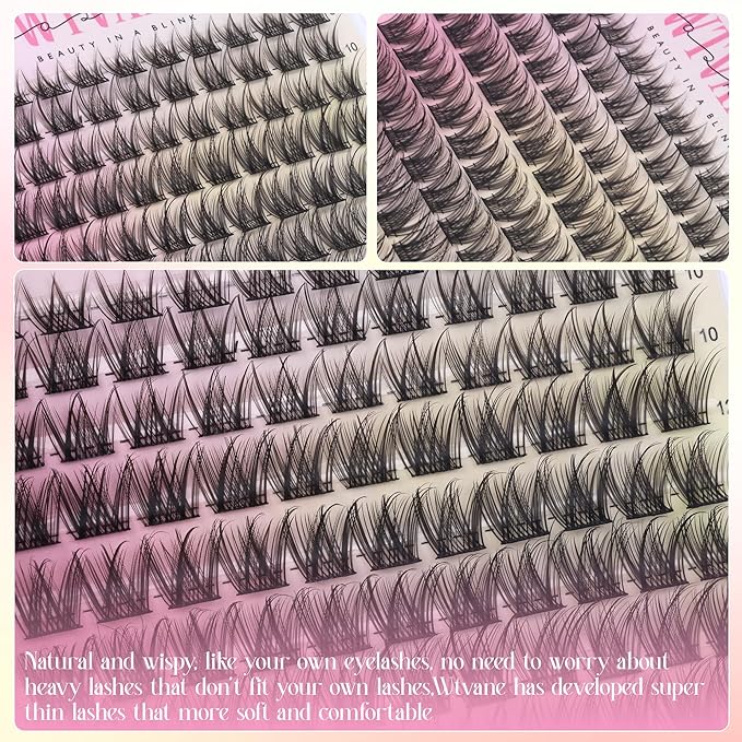 Wtvane Lash Clusters Kit Wispy Cluster Eyelash Extensions Kit Natural Lash Extension Kit Natural Look Eyelash Clusters Wispy False Eyelashes with Lash Bond and Seal, Tweezers