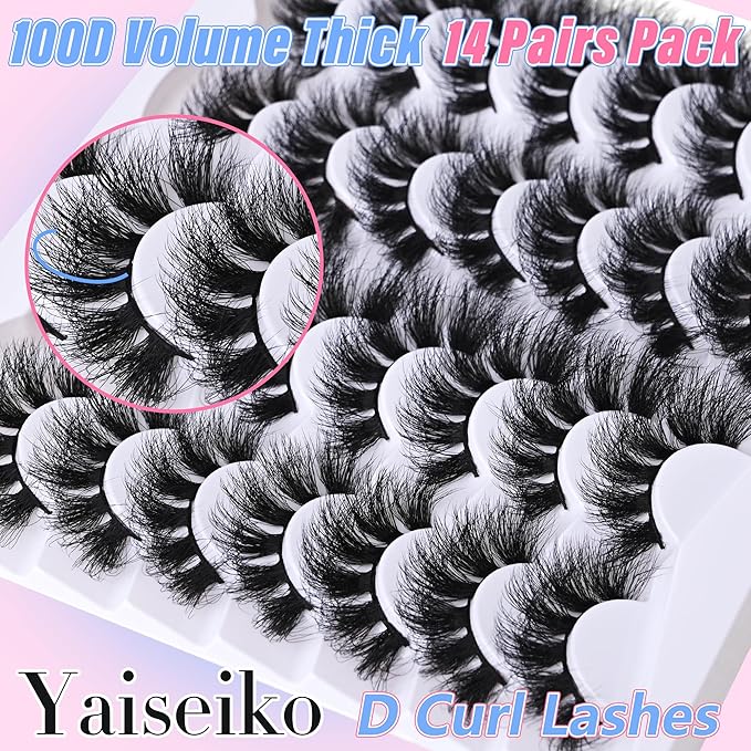 14 Pairs Thick Long Lashes False Eye Lashes Mega Look 5D Volume Dramatic 24mm Waterproof 100D Eyelash Clusters Soft Fake Eyelashes Pack by Yaiseiko