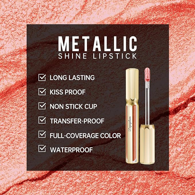 Depuplum Peach Red Lipsticks for Women Metallic Lipstick Long Lasting Non Stick Cup Lip Gloss, Shimmer Lightweight Hydrating Full Coverage Lip Color, DP115 Juice Box