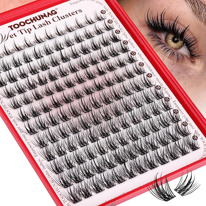TOOCHUNAG Wispy Eyelash Clusters Manga Lashes Extensions 10-16mm Cluster Lashes Individual 144pcs CC Curly Natural Lash Clusters Wet Tip DIY Soft Cluster Eyelash Extensions