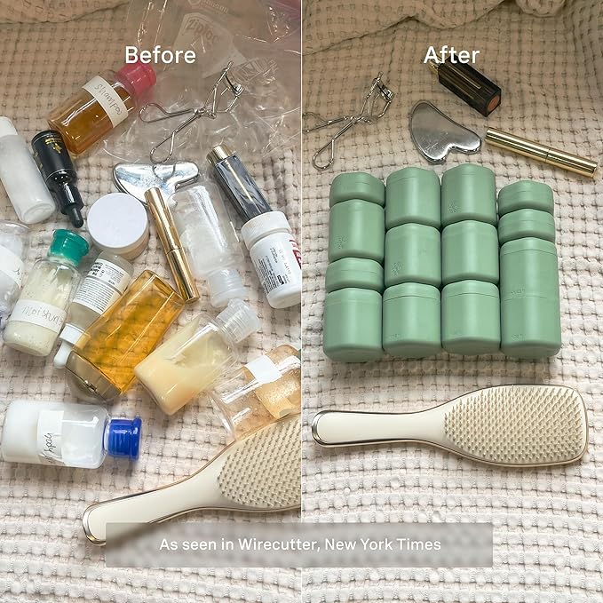 Cadence Travel Containers Haircare Capsule Set - Magnetic Containers with Lids,Carry On Travel Essentials For Women/Men - 3 Flex Mediums (1.32oz) - Shampoo, Conditioner & Comb Icon Labels - Eucalyptus