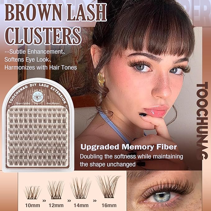 Natural Brown Lash Clusters Wispy Cluster Eyelash Extension C Curl Soft Individual Lashes Natural Look Venus Eyelash Clusters with Thin Band 10-16mm DIY Brown Lashes Extension by TOOCHUNAG