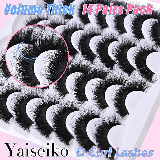 Wispy False Mink Lash Thick Long Lashes False Lashes Mega Look 5D Volume Dramatic 22mm Waterproof Soft Cat Eye Fake Eyelashes Pack by Yaiseiko（14 Pairs）