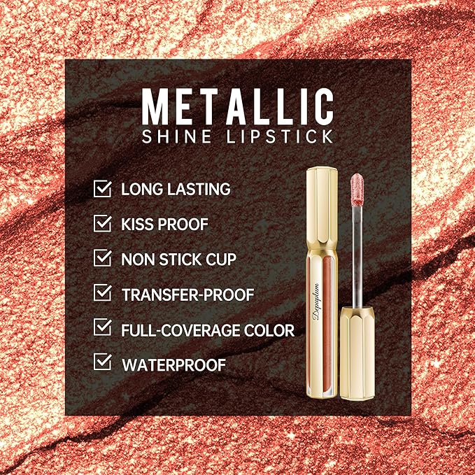 Depuplum Bronze Lipsticks for Women Metallic Lipstick Long Lasting Non Stick Cup Lip Gloss, Metal Shine Lightweight Hydrating Full Coverage Lip Color, P103 Fantasy