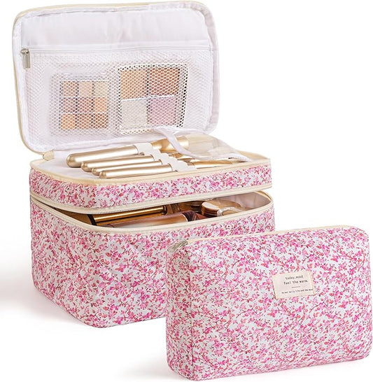 HBselect 2Pcs Travel Makeup Bag, Large Cotton Quilted Makeup Bag Cosmetic Bag Cute Make up Bag Toiletry Bags for Women Girls