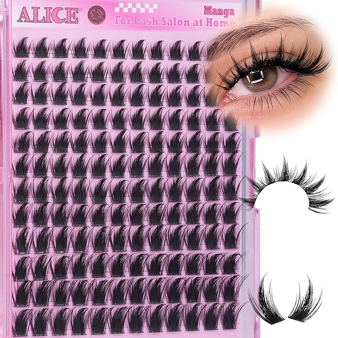 ALICE Manga Lash Clusters Wispy Cluster Eyelash Extensions with Spikes Anime Natural Eyelash Clusters Individual Lashes DIY at Home (144pcs/10-18mm/CD- Curly)