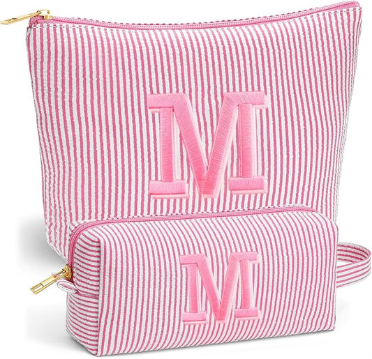 Travel Makeup Bag for Girls - Personalized Initial Pink Makeup Bag, Teen Girl Gifts Trendy Stuff, 6 7 8 9 10 11 12 Year Girl Birthday Gift, Christmas Gift for Girls Travel Essentials, Letter M