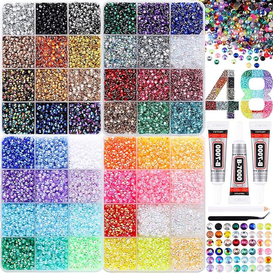 BANA 48000Pcs in 48 Colors Rhinestones for Bedazzling and Diamond Art, 3mm Flatback Gems with 3×10ml B7000 Jewelry Glue Tweezers, Perfect for Nail Art, Crafting, Clothing, Fabric Decor