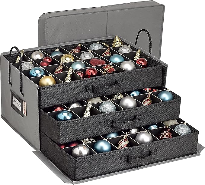 HOLDN’ STORAGE Christmas Ornament Storage Box with Dividers, Holds 72 Ornaments (3 Inch), Large Ball Storage Container with 3 Removable Trays, Durable and Portable - Gray